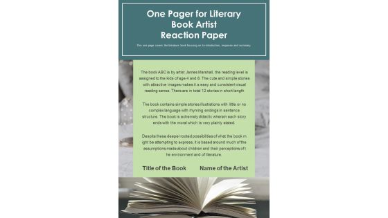 One Pager For Literary Book Artist Reaction Paper PDF Document PPT Template One Pager For Literary Book Artist Reaction Paper PDF Document PPT Template