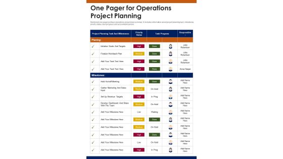 One Pager For Operations Project Planning PDF Document PPT Template One Pager For Operations Project Planning PDF Document PPT Template