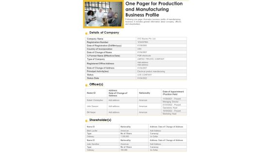 One Pager For Production And Manufacturing Business Profile PDF Document PPT Template One Pager For Production And Manufacturing Business Profile PDF Document PPT Template