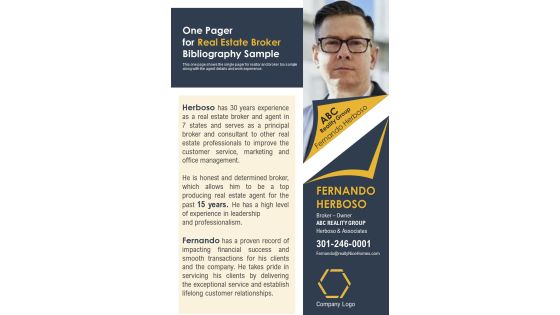 One Pager For Real Estate Broker Bibliography Sample PDF Document PPT Template One Pager For Real Estate Broker Bibliography Sample PDF Document PPT Template