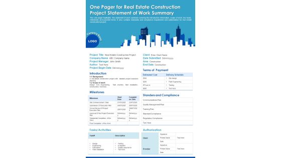 One Pager For Real Estate Construction Project Statement Of Work Summary PDF Document PPT Template One Pager For Real Estate Construction Project Statement Of Work Summary PDF Document PPT Template