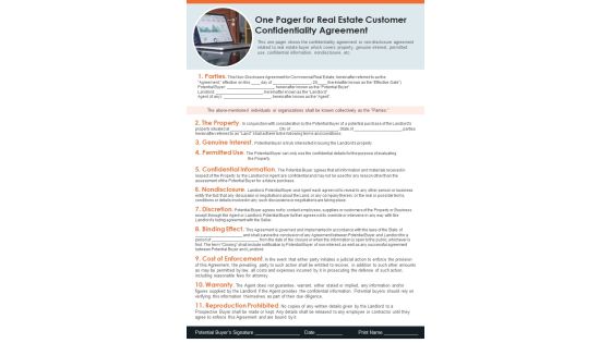 One Pager For Real Estate Customer Confidentiality Agreement PDF Document PPT Template One Pager For Real Estate Customer Confidentiality Agreement PDF Document PPT Template