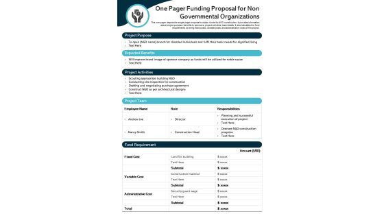 One Pager Funding Proposal For Non Governmental Organizations PDF Document PPT Template One Pager Funding Proposal For Non Governmental Organizations PDF Document PPT Template