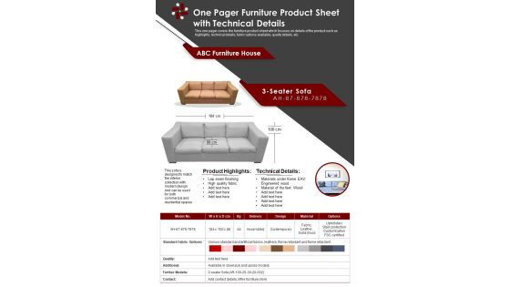 One Pager Furniture Product Sheet With Technical Details PDF Document PPT Template One Pager Furniture Product Sheet With Technical Details PDF Document PPT Template