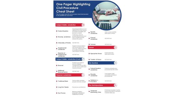 One Pager Highlighting Civil Procedure Cheat Sheet PDF Document PPT Template