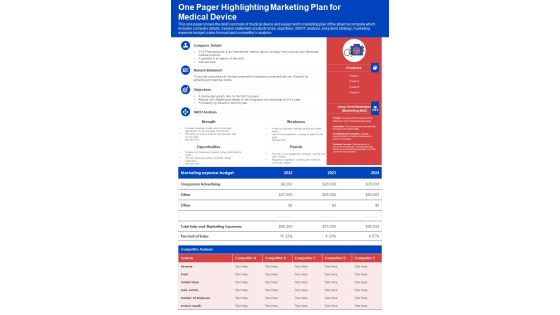 One Pager Highlighting Marketing Plan For Medical Device PDF Document PPT Template One Pager Highlighting Marketing Plan For Medical Device PDF Document PPT Template