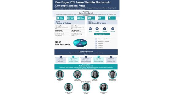 One Pager ICO Token Website Blockchain Concept Landing Page PDF Document PPT Template
