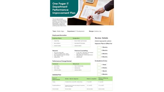 One Pager IT Department Performance Improvement Plan PDF Document PPT Template