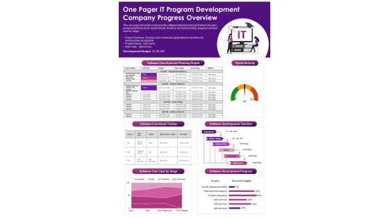 One Pager IT Program Development Company Progress Overview PDF Document PPT Template
