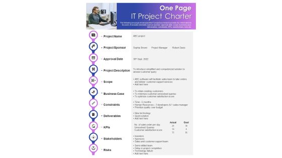One Pager IT Project Charter PDF Document PPT Template One Pager IT Project Charter PDF Document PPT Template