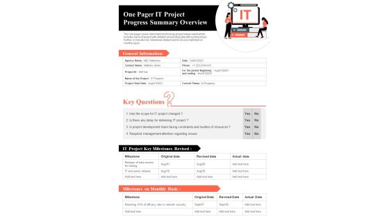 One Pager IT Project Progress Summary Overview PDF Document PPT Template One Pager IT Project Progress Summary Overview PDF Document PPT Template