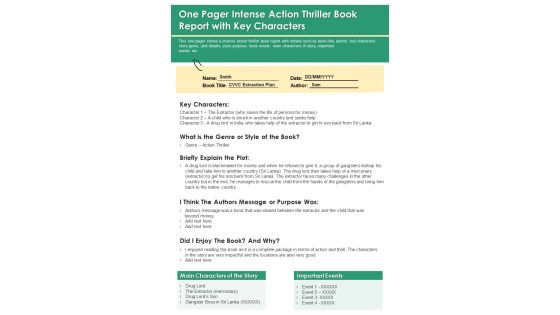 One Pager Intense Action Thriller Book Report With Key Characters PDF Document PPT Template One Pager Intense Action Thriller Book Report With Key Characters PDF Document PPT Template