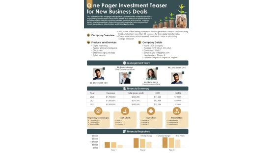 One Pager Investment Teaser For New Business Deals PDF Document PPT Template