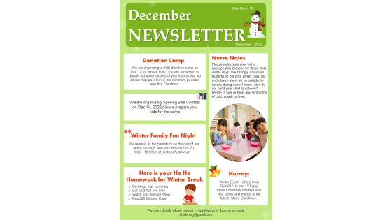 One Pager Kindergarten Winter Holidays Newsletter PDF Document PPT Template One Pager Kindergarten Winter Holidays Newsletter PDF Document PPT Template