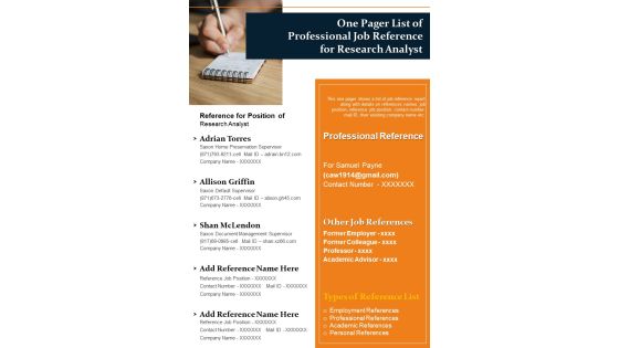 One Pager List Of Professional Job Reference For Research Analyst PDF Document PPT Template One Pager List Of Professional Job Reference For Research Analyst PDF Document PPT Template