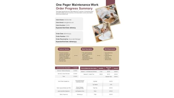 One Pager Maintenance Work Order Progress Summary PDF Document PPT Template One Pager Maintenance Work Order Progress Summary PDF Document PPT Template