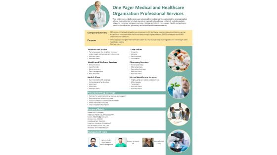 One Pager Medical And Healthcare Organization Professional Services PDF Document PPT Template One Pager Medical And Healthcare Organization Professional Services PDF Document PPT Template