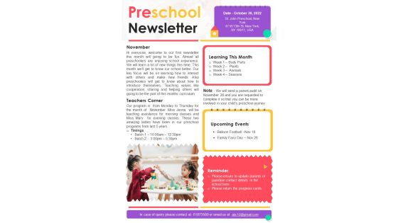One Pager Monthly Kindergarten School Updates Newsletter PDF Document PPT Template