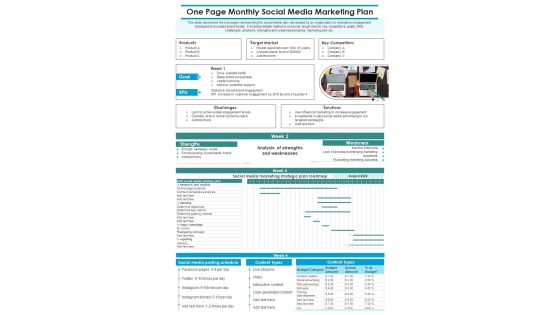 One Pager Monthly Plan For Social Media Advertising PDF Document PPT Template