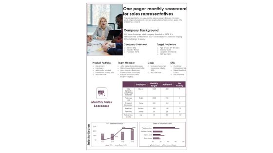 One Pager Monthly Scorecard For Sales Representatives PDF Document PPT Template One Pager Monthly Scorecard For Sales Representatives PDF Document PPT Template