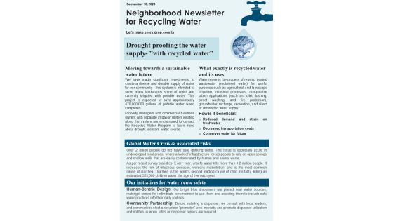 One Pager Neighborhood Newsletter For Recycling Water PDF Document PPT Template One Pager Neighborhood Newsletter For Recycling Water PDF Document PPT Template