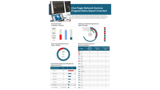 One Pager Network Devices Progress Status Report Overview PDF Document PPT Template One Pager Network Devices Progress Status Report Overview PDF Document PPT Template