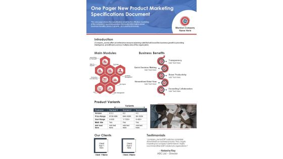 One Pager New Product Marketing Specifications Document PDF Document PPT Template One Pager New Product Marketing Specifications Document PDF Document PPT Template