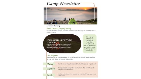 One Pager Newsletter For Adventure Camp PDF Document PPT Template One Pager Newsletter For Adventure Camp PDF Document PPT Template