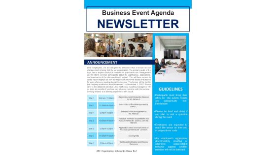 One Pager Newsletter For Business Event Agenda PDF Document PPT Template One Pager Newsletter For Business Event Agenda PDF Document PPT Template