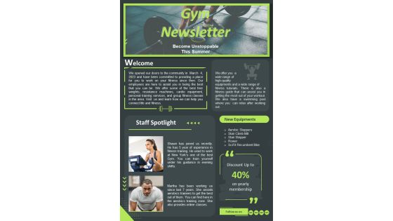 One Pager Newsletter For Fitness Studio PDF Document PPT Template One Pager Newsletter For Fitness Studio PDF Document PPT Template