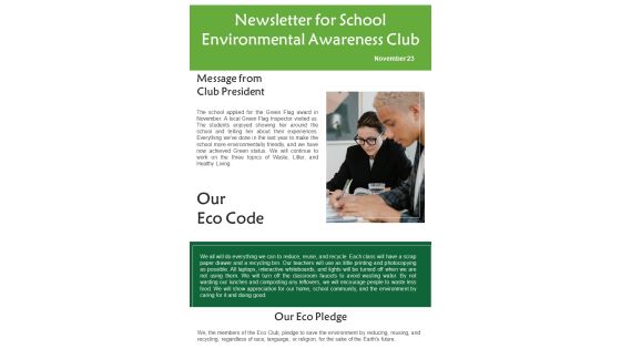 One Pager Newsletter For School Environmental Awareness Club PDF Document PPT Template One Pager Newsletter For School Environmental Awareness Club PDF Document PPT Template