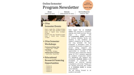 One Pager Newsletter For Virtual Semester Program PDF Document PPT Template One Pager Newsletter For Virtual Semester Program PDF Document PPT Template