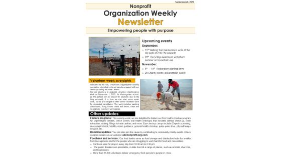 One Pager Non Profit Organization Weekly Newsletter PDF Document PPT Template