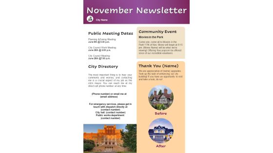 One Pager November Month Newsletter For Community Events Highlights PDF Document PPT Template One Pager November Month Newsletter For Community Events Highlights PDF Document PPT Template