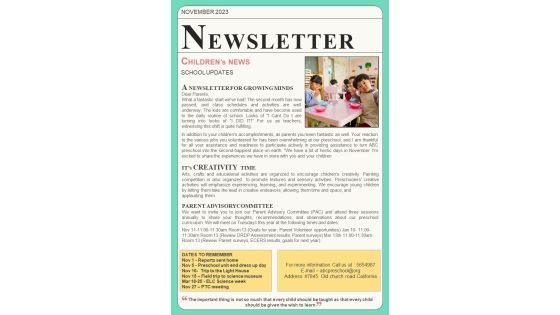 One Pager November Month Newsletter For Kindergarten PDF Document PPT Template One Pager November Month Newsletter For Kindergarten PDF Document PPT Template