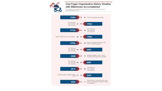 One Pager Organization History Timeline With Milestones Accomplished PDF Document PPT Template