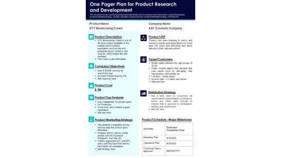 One Pager Plan For Product Research And Development PDF Document PPT Template One Pager Plan For Product Research And Development PDF Document PPT Template