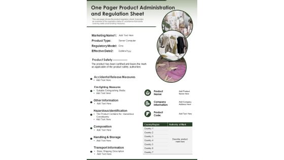 One Pager Product Administration And Regulation Sheet PDF Document PPT Template One Pager Product Administration And Regulation Sheet PDF Document PPT Template