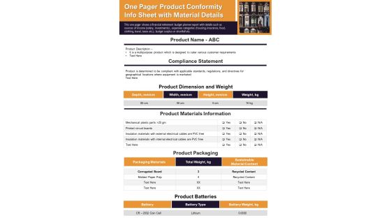 One Pager Product Conformity Info Sheet With Material Details PDF Document PPT Template One Pager Product Conformity Info Sheet With Material Details PDF Document PPT Template