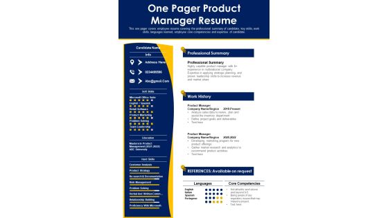 One Pager Product Manager Resume PDF Document PPT Template