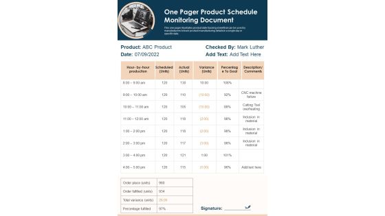One Pager Product Schedule Monitoring Document PDF Document PPT Template One Pager Product Schedule Monitoring Document PDF Document PPT Template