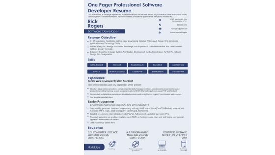 One Pager Professional Software Developer Resume PDF Document PPT Template