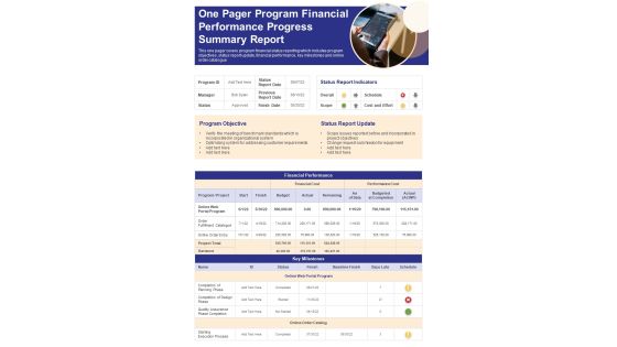 One Pager Program Financial Performance Progress Summary Report PDF Document PPT Template One Pager Program Financial Performance Progress Summary Report PDF Document PPT Template