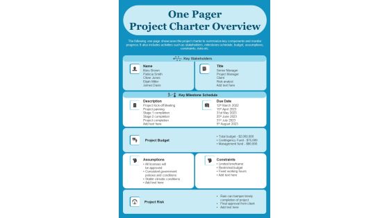 One Pager Project Charter Overview PDF Document PPT Template