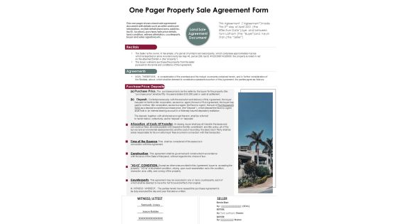One Pager Property Sale Agreement Form PDF Document PPT Template