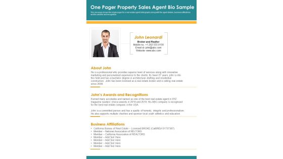 One Pager Property Sales Agent Bio Sample PDF Document PPT Template One Pager Property Sales Agent Bio Sample PDF Document PPT Template