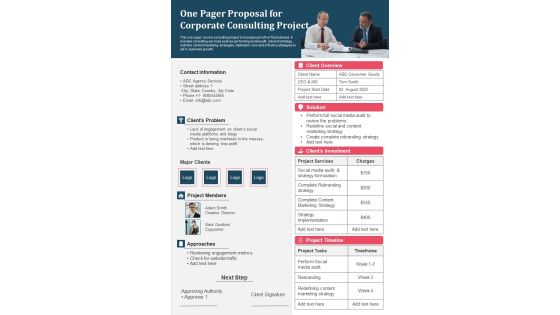 One Pager Proposal For Corporate Consulting Project PDF Document PPT Template One Pager Proposal For Corporate Consulting Project PDF Document PPT Template