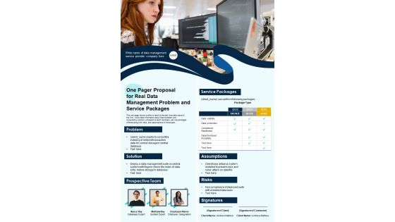 One Pager Proposal For Real Data Management Problem And Service Pakages PDF Document PPT Template One Pager Proposal For Real Data Management Problem And Service Pakages PDF Document PPT Template