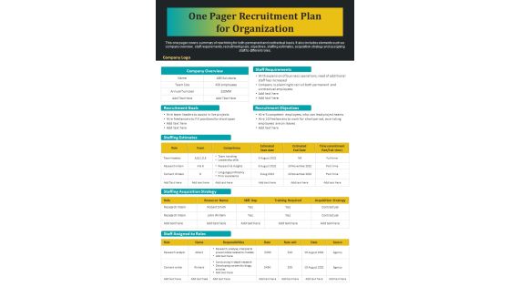 One Pager Recruitment Plan For Organization PDF Document PPT Template