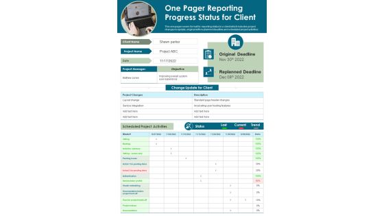 One Pager Reporting Progress Status For Client PDF Document PPT Template One Pager Reporting Progress Status For Client PDF Document PPT Template